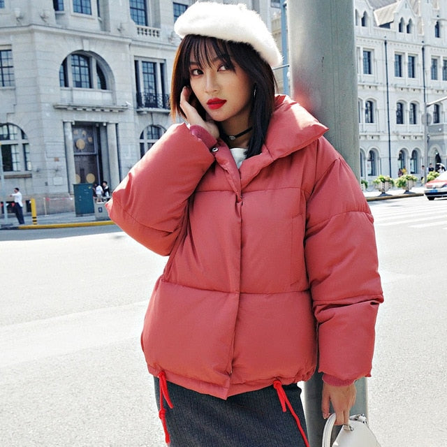 Korean Style 2019 Winter Jacket Women Stand Collar Solid Black